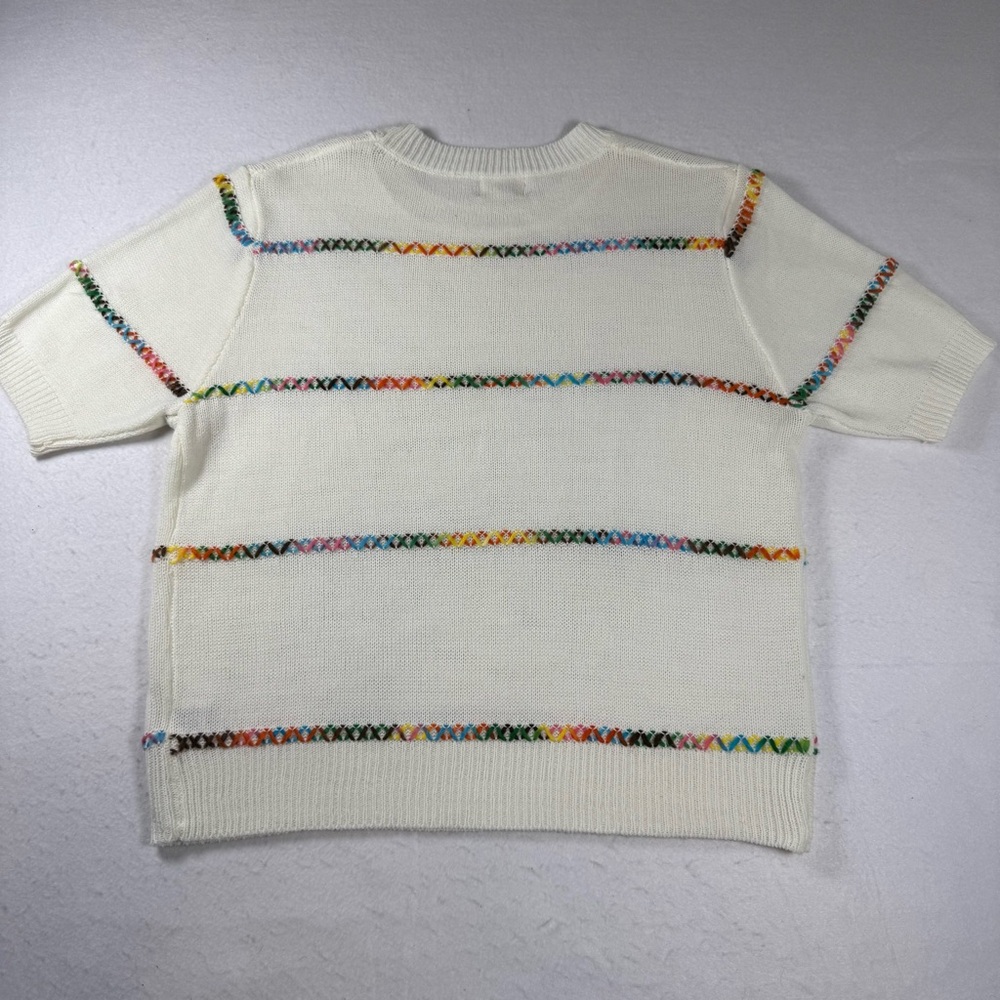 Bibi Women’s‎ XL White Short Sleeve Sweater w/ Multi‑Color Stitching - Picture 6 of 11